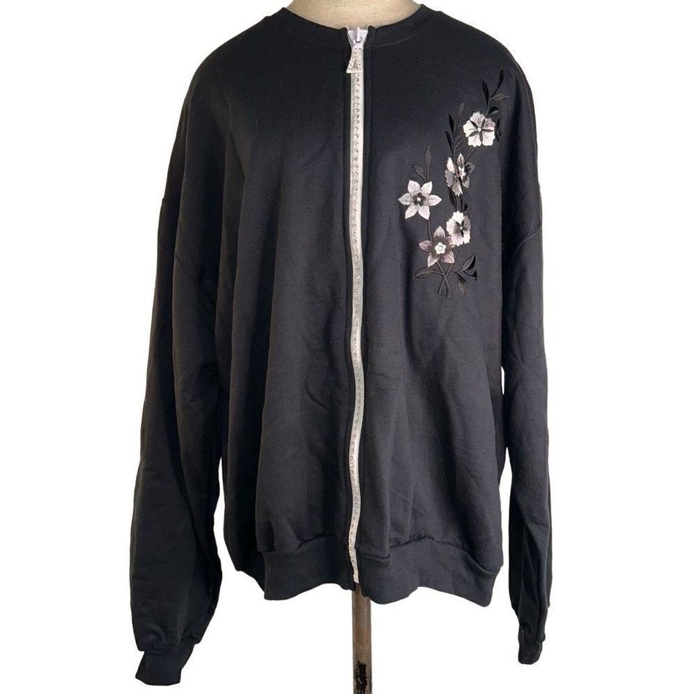 Jerzees Womens Vintage Black Floral Embroidered Rhinestone Full Zip Jacket Cozy